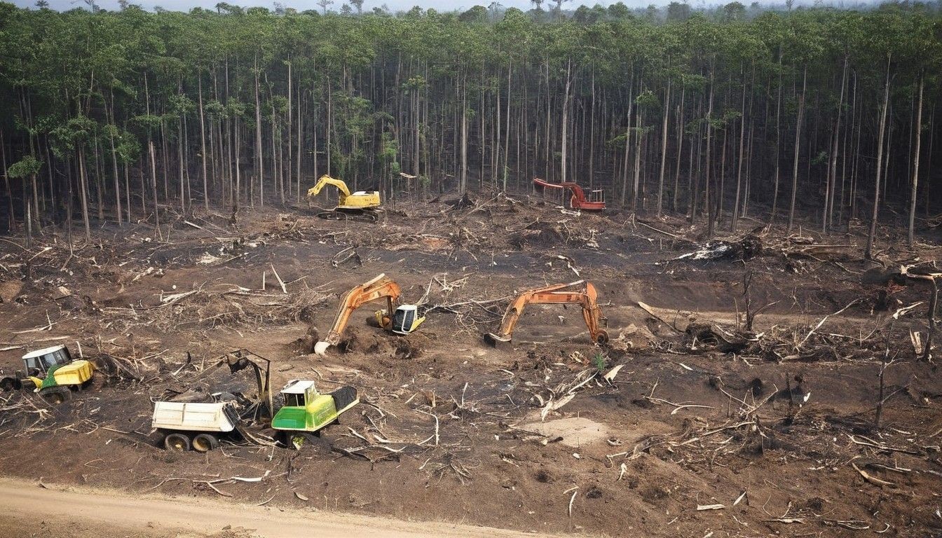 Deforestation scene with heavy machinery clearing trees, leaving a barren landscape in front of a forest.