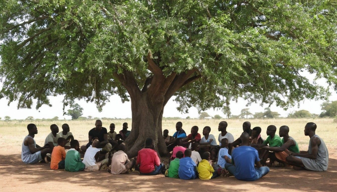 Group of people sitting under a large tree on an open field, engaged in discussion or learning.